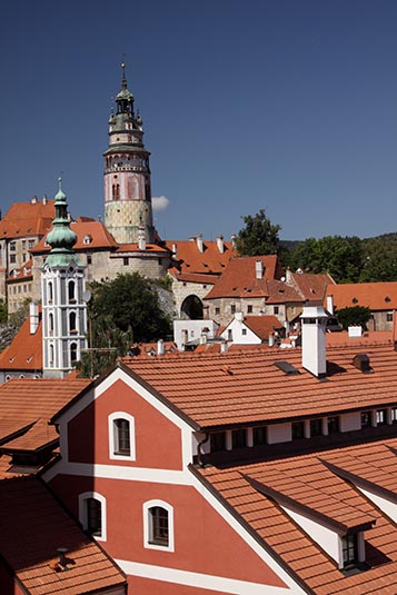 Beautiful Houses and Cesky Krumlov Castle Tower, Cesky Krumlov, Czech Republic