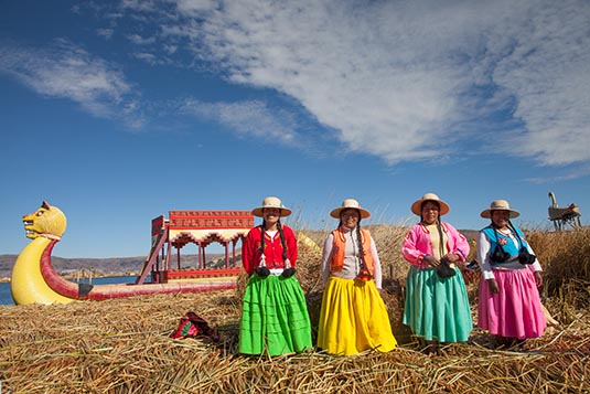 Inhabitants, Uros Island, Lake Titicaca, Puno, Peru