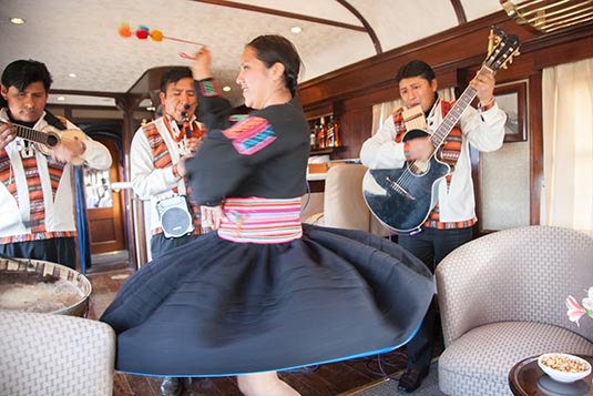 Performers onboard Andean Explorer, Towards Puno, Peru